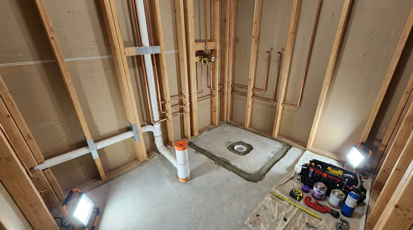 Bathroom rough-in plumbing during remodel by Johns Plumbing LLC in Southbury