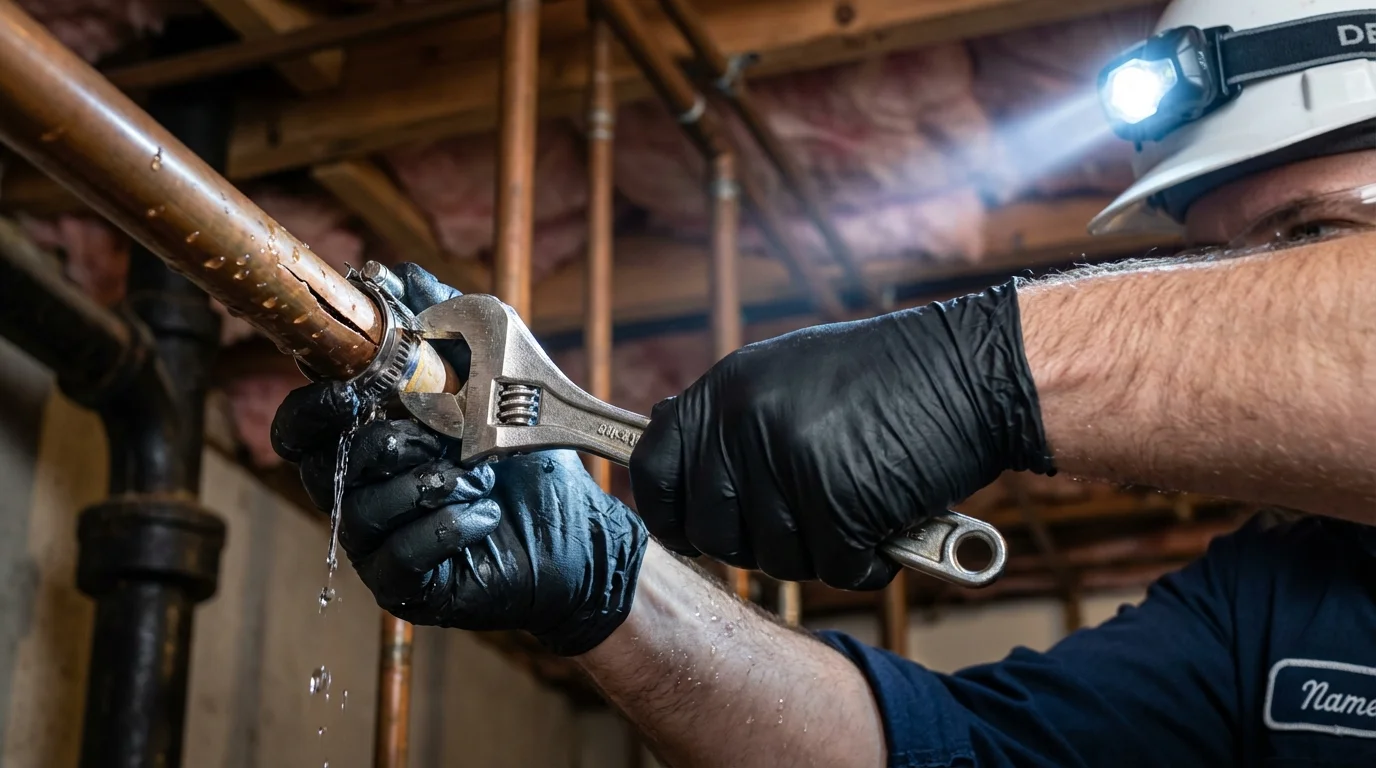 Emergency pipe clamp repair being performed by a Johns Plumbing LLC plumber in Southbury