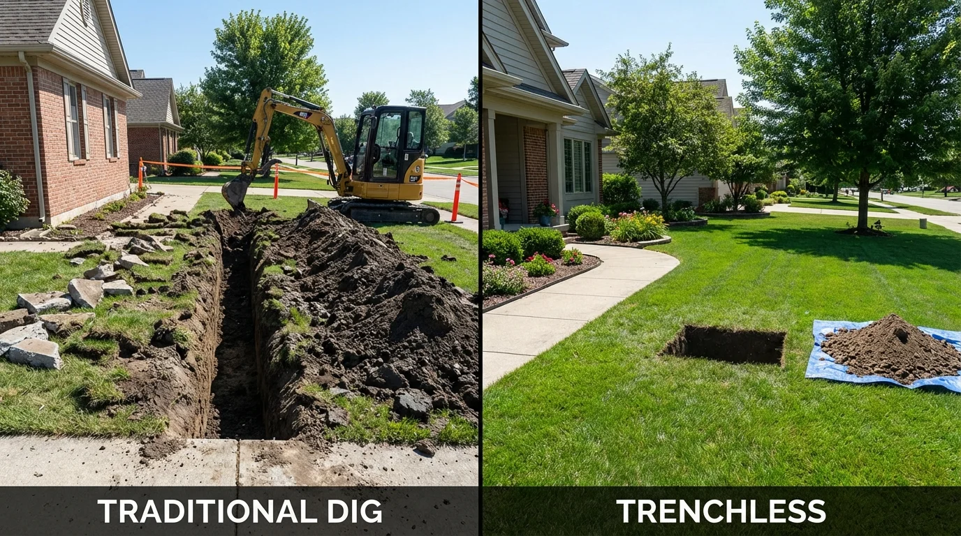 Trenchless sewer repair with minimal yard damage versus traditional excavation in Southbury, CT