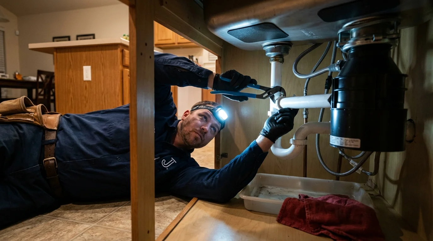 P-trap and supply line connections under a kitchen sink showing a common leak point in Southbury, CT
